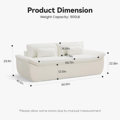 89" Cloud Boneless Loveseat Sofa Couch, Deep Seat Love Seat Sofa with Lumbar Pillow, 2-Seater Compressed Couches for Living Room, Chenille White