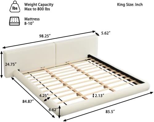 Merax King Size Low Profile Floor-Hugging Platform Bed, Platform Bed Frame with 27.45'' Headboard, 800lb WeightCapacity, Upholstered Modern Bed in Fabric, Cream