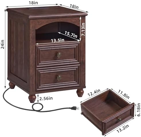 RWYHG 18" Night Stand with Charger Station, Nightstand with 2 Drawers