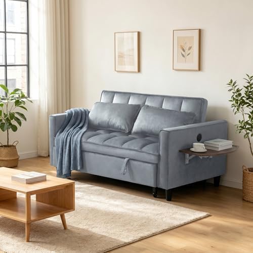 4 in 1 Convertible Sofa Bed, Pull Out Couch with Adjustable Backrest, Loveseat Sleeper Sofa Bed with USB Ports and Side Table, Couch Beds for Living Room, Bedroom, Apartment, Gray