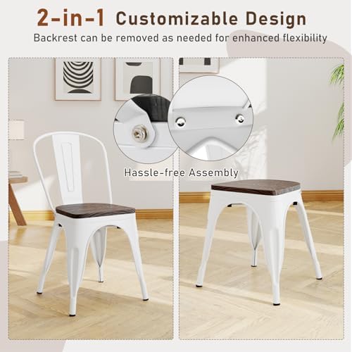 COSTWAY Stackable Metal Dining Chairs Set of 4 with Wood Seat and High Back