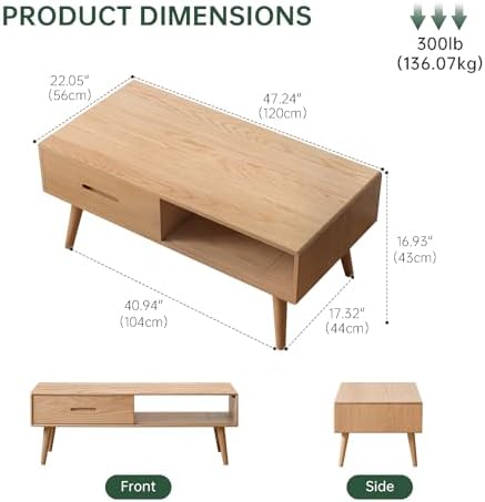 100% Solid Oak Coffee Table for Living Room, Fully Assembled, 47.24'' W