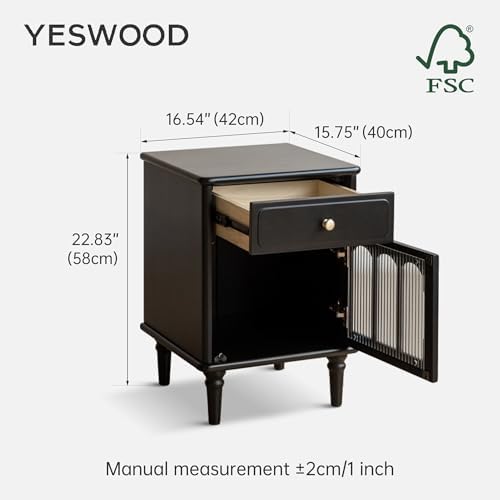 100% Solid Wood Nightstand with Drawer and Fluted Glass Door – Mid Century Modern Farmhouse Bedside Table, Wooden Storage Cabinet, Black, Right-Opening Door, 15.75" D x 16.54" W x 22.83" H