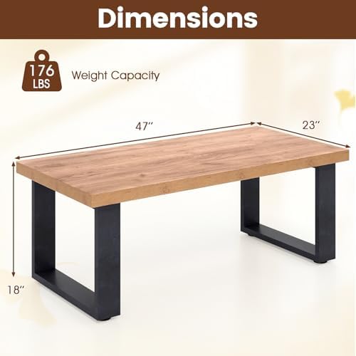 GIANTEX Rustic Coffee Table, 47 Inch Industrial Wood Center Table with 1.8" Tabletop, Farmhouse Accent Cocktail Tea Table, Modern Rectangular Living Room Table, Oak