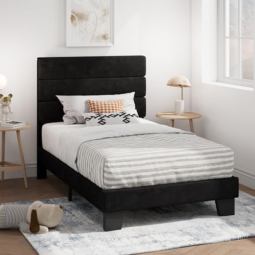 SHA CERLIN Twin Platform Bed Frame with Upholstered Velvet Headboard, Black