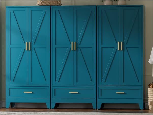 COFaR 71 Farmhouse Metal Wardrobe Closet with Hanging Rod, 2 Barn Doors, Adjustable Shelves, Steel Armoire with Drawer for Home, Bedroom Green