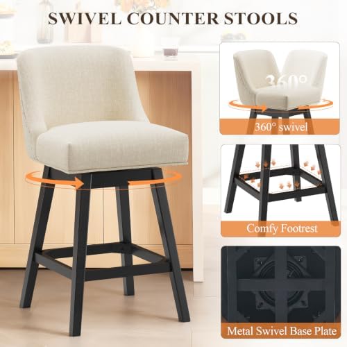 MALOL 27" Upholstered Swivel Bar Stool Set of 1 with Wood Legs, Beige