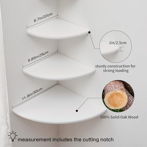 Corner Shelves, Floating Corner Shelf, Set of 3 Solid Oak Wood Corner Wall Shelves, Round End with Wire Hole Shelving for Small Plant for Bedroom Kitchen, Living Room (Size 9/10/12in)