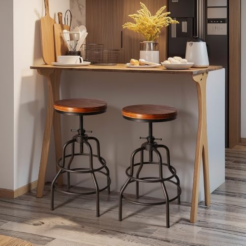 Vintage Industrial Barstools - 13.8" Dia Round Wooden Brown Seat - Black Metal Base - Adjustable Height: 23.6"-29.5" / Minimalist Design/Raw Rustic Look/Rotating Top Bar Chairs, Set of 2