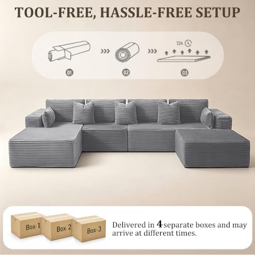 138" Oversized Boneless Couches for Living Room,3-Seat Modular L-Shaped Sectional Sofa with Left-Facing Chaise,Ottoman,Deep Seat Memory Foam,No Assembly Required,Light Gray