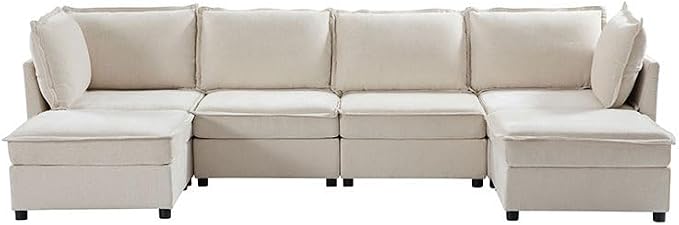 HULALA HOME 127'' Modular Sectional Sofa, Oversized U Shaped Couch with Storage Ottoman, Comfy Chenille Sofa with Deep Seat, 6 Seat Convertible Couches for Living Room, Beige