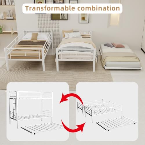 SDHYL Twin Over Twin Bunk Bed with Trundle, Heavy Duty Metal Bunk Beds Frame with Safety Guardrail & Ladder, Noise Reduced, No Box Spring Needed, Space-Saving, White