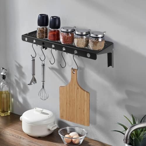 Floating Wall Shelves Set of 2, Black Floating Shelves,Wall-Mounted Bookshelf,Mesh Panel, Used in Living Room, Kitchen, Bathroom, Garage,Folding with Hooks