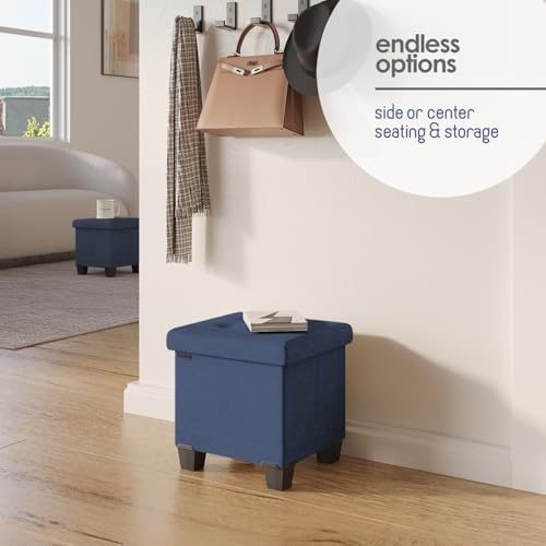 Storage Ottoman Cube with Small Bin, 15-in Square Ottoman with Storage for Living Room and Bedroom, Small Ottomans Foot Rest, Fabric Foot Stools Ottomans Max 330lbs, Blue