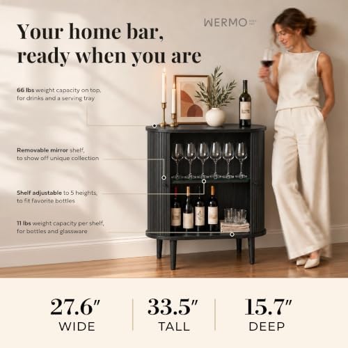 28'' Fluted Black Bar Cabinet with Sliding Doors, Hidden Storage and Adjustable Shelf - Modern Liquor Cabinet and Narrow Wine Bar, Small Coffee Station, 28 Inch Wide Sideboard Buffet (Black Oak)