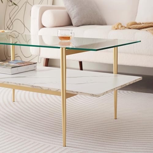 Rectangle Coffee Table for Living Room, Mid-Century Modern Design, L41 x W21 x H17, 2-Tier Structure, Clear Glass Top and White Marble Finish Wood Shelf, Conical Legs with Gold Finish