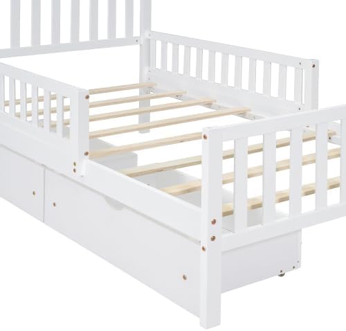 Bellemave Twin Size Kids Platform Bed with Fences and 2 Drawers, Wooden Twin Bed Frame with Guardrails on Both Sides for Boys Girls, White