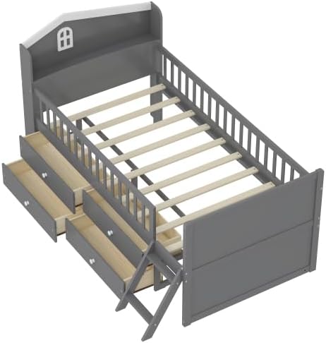 Bellemave Kids Twin Platform Bed with 4 Drawers & Storage Headboard, Wooden Twin Bed Frame with Safety Guardrails & Ladder for Kids Girls Boys, Gray