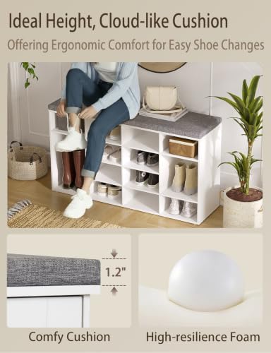 Shoe Storage Bench with Cushion, 16-Cubby Shoe Rack with Seat
