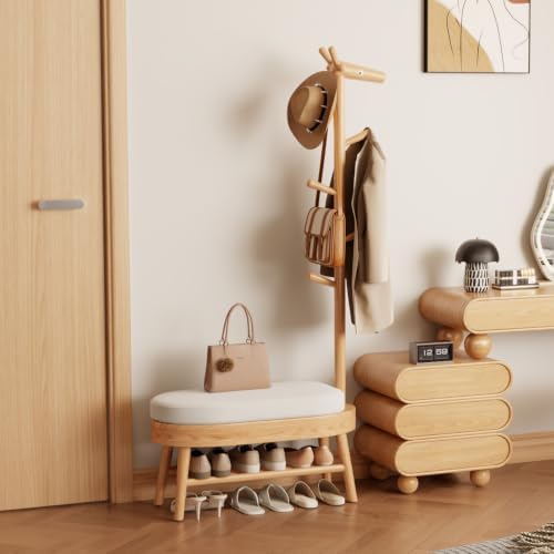 AQIMUELE Shoe Bench with Coat Rack, Shoe Rack with 9 Hooks, Natural