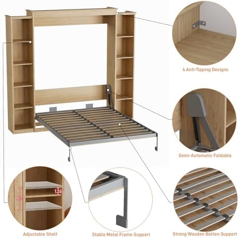 Rophefx Murphy Bed Full Cabinet with 5-Tier Shelves, Wood Wall Bed,Natural
