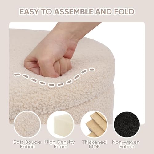 PINPLUS Round Folding Storage Ottoman, Beige Boucle Footstool