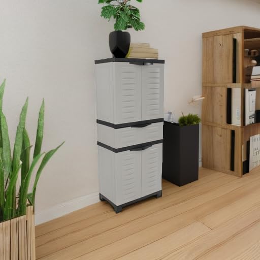 Sunnydaze 57" H Resin Garage Storage Cabinet - Garage Cabinet with 2 Adjustable Shelves - Freestanding Utility Storage for Laundry Room, Office, Basement - Gray