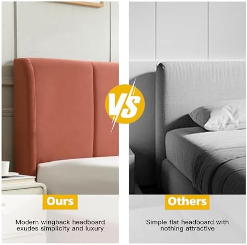 VELOCAVA King Lift Up Storage Bed Frame, Velvet-Look Upholstered Bed with Modern Wingback Headboard, Hydraulic Lift Storage, Wood Slat Support, No Box Spring Needed, Terracotta