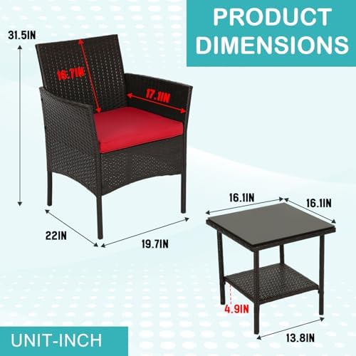 FDW 3-Piece Patio Furniture Set | Brown & Red | Outdoor Wicker Furniture