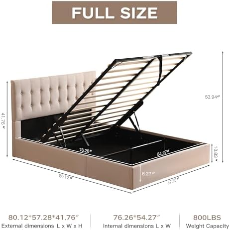 VELOCAVA Full Size Lift-Up Storage Bed, Upholstered Platform Bed Frame Linen-Textured Light Khaki, Ample Under-Bed Storage, Button-Tufted Headboard, Sturdy Wooden Slats, No Box Spring Needed