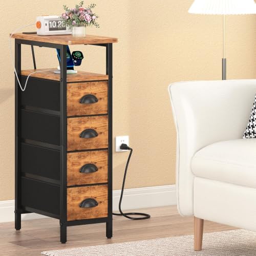 sthmec Nightstand with Charging Station, Narrow Night Stand Set of 2 with 4 Drawers, Skinny Side Table with Fabric Drawers,Slim Sofa Couch Tables for Small Spaces Bedroom,Rustics Brown