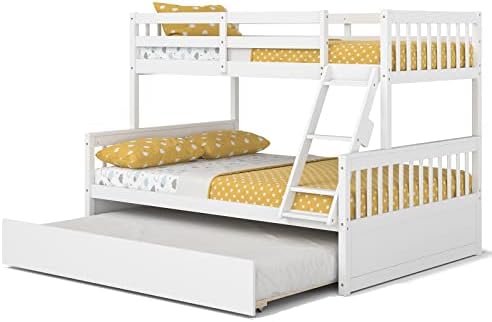KOMFOTT Wood Twin Over Full Bunk Bed with Trundle, Bunk Bed Frame with Solid Pine Wood Frame, Space-Saving Bed Frame with Ladder & Safety Guardrails, No Box Spring Needed