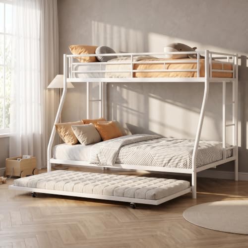 Metal Bunk Beds with Double Secured Ladders, Twin Over Full Bunk Bed with Surrounded Safety Guardrails, Space Saver Twin Beds, Noise Free for Small Bedroom, with Trundle, White