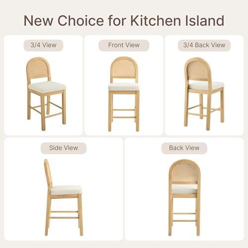 Upholstered Rattan Bar Stools, 26'' Counter Height, Set of 4, Natural