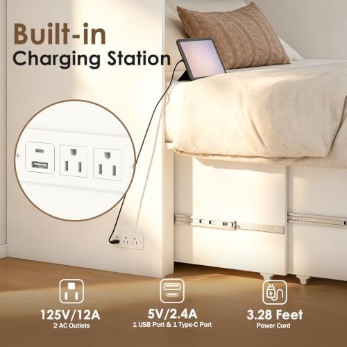 Murphy Bed with Large Storage, LED Light, Charging Station (Queen)