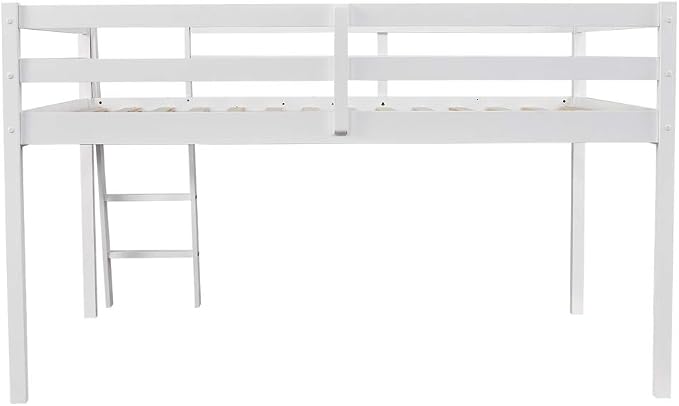 VINGLI Junior Low Loft Bed with Stairs, White Wood Loft Bed Full Size for Adults, Kids and Young Teens, No Box Spring Required,Wood Slat Support