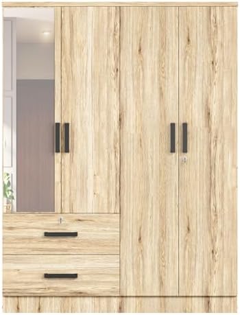 Woodpeckers Furniture And Mattress 4 Mirrored Doors Wardrobe 2 Drawers with Shelves 72 high (1 Mirror, Natural Oak)