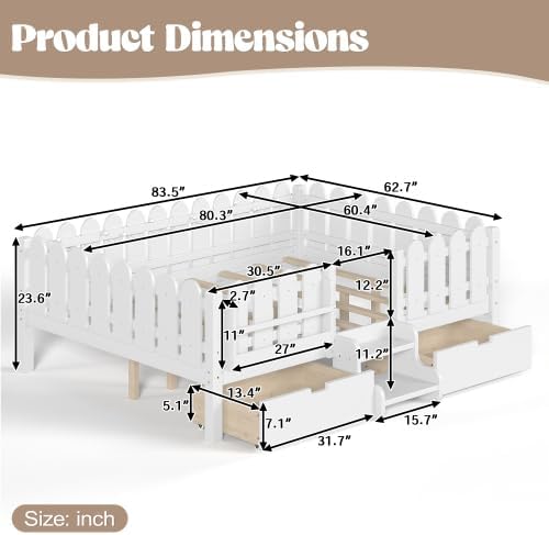 Bellemave Queen Size Platform Bed with Storage Drawers & Bookshelf for Boys Girls, Kids Queen Bed Frame with LED Lights & Stairs for Children's Room, White