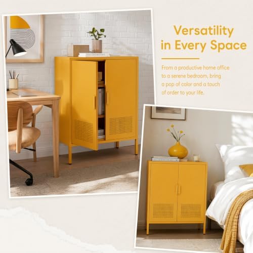 Yellow 2 Door Metal Storage Cabinet, Ventilated Accent Locker with 2 Adjustable Shelves, Freestanding 3 Tier Storage Sideboard Cabinet for Living Room Kitchen Bedroom Entryway Office