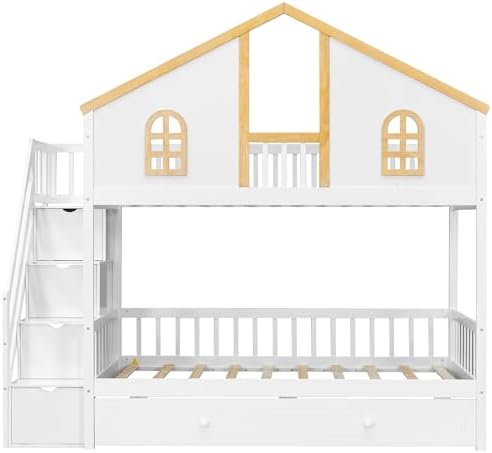 LUMISOL Twin Over Twin House Bunk Bed with Trundle, Solid Wood Bunk Bed with Stairs and Safety Guardrails, Twin Bunk Beds with Storage, White+Natural