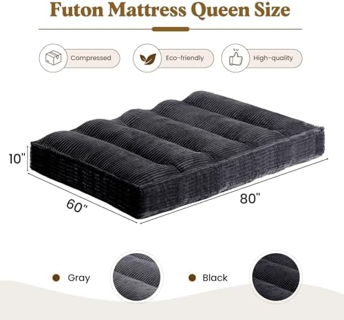 10" Futon Mattress Queen Size, Ultra Thick Futons Sofa Couch Bed Sleeper Sofa Bed, Versatile Floor Futons Japanese Floor Mattress for Adults, Black (Frame Not Included)