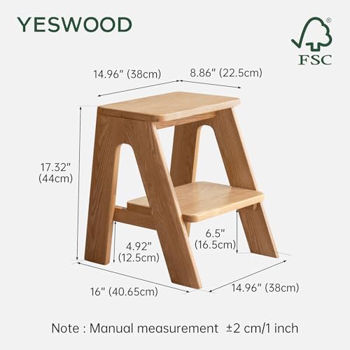 100% Solid Oak Wood 2 Step Stool, Multifunctional 2-Tier End Table Nightstand Plant Stand Dining Makeup Stool for Living Room Bedroom Kitchen