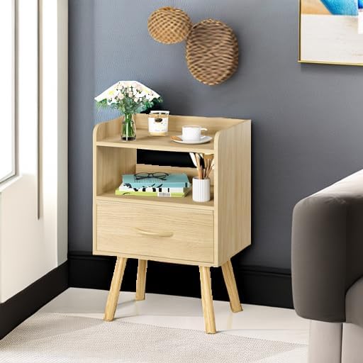 Yoobure Modern Nightstand with Fabric Drawer, Bedside Tables, Mid Century Nightstand with Open Storage Shelf, Wood Bedside Table, Small Night Stands for Bedrooms, 2-Tier Night Table