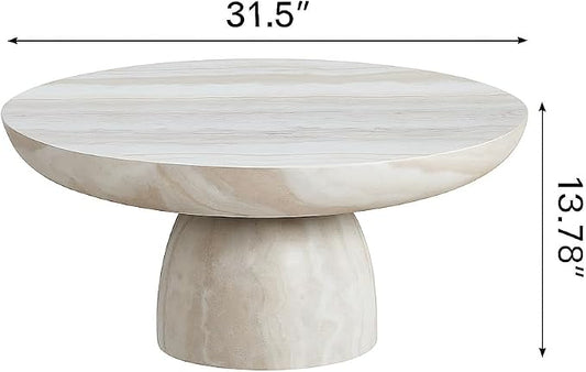 31.5" Round Marble Coffee Table, Modern Pedestal Coffee Table Faux Stone Drum Center Table with Base, Accent Concrete Side End Table for Living Room Apartment Home Office