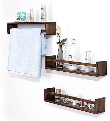 AZSKY Nursery Book Shelves 24 Inch Deep Walnut Floating Bookshelf for Kids Room Wall Mounted Floating Shelves Solid Nursery Bookshelf Perfect Decor for Kitchen Bedroom Living Room Set of 3