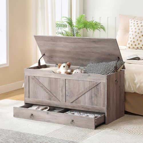 HOOBRO Storage Chest, 39.3" Toy Chest with Drawer, Wooden Storage Bench, Sturdy Entryway Bench Supports 330 lb, Safety Hinge, U-Shaped Opening, Easy Assembly, Greige BG710CW01G2