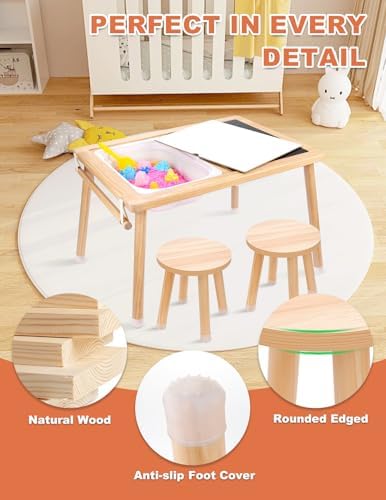 Toddler Sensory Table and Chair Set, Kids Sensory Bin Tables with Paper Roll Stick & Double-Side Board,Toddler Play Table with 3 Storage Bin, Indoor Outdoor Boys Gilrs