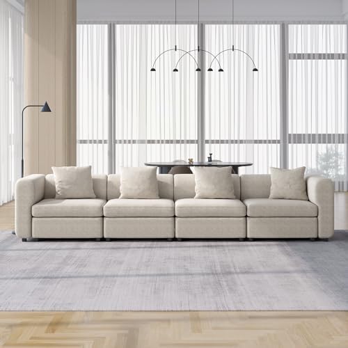 Miuuod 4 Seaters Oversized Sectional Sofa for Living Room,4 Seats for Small Space,Broad Seater & Convertible Couche Lisure Cozy Velvet Seats,Sleeper Sectional Sofa Beige