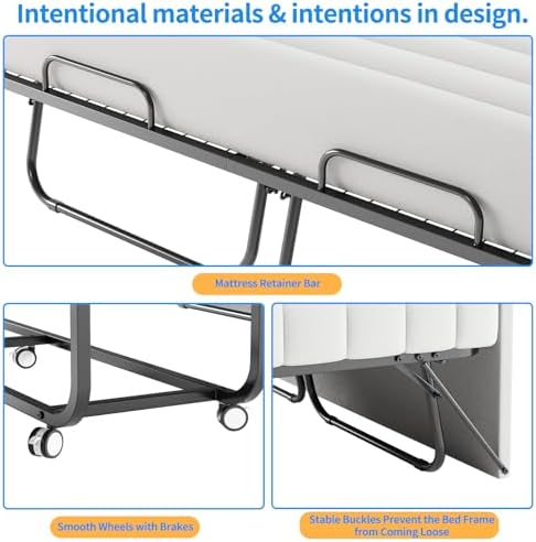 79"x59" Folding Bed with 13CM Memory Mattress, Queen Size Double Portable Bed for Adults, Roll Away Foldable Beds on Wheels,Hideaway,Save Space