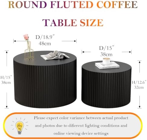 Black Round Fluted Coffee Table Set of 2 (D-18.9IN+15IN)